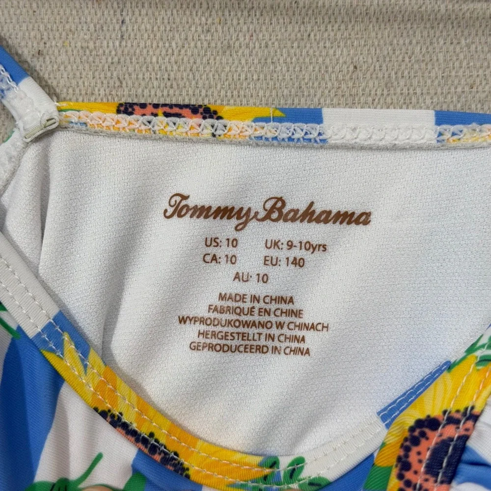 Tommy Bahama One Piece Swimsuit Girls 10 Blue Sunflower Ruffle Striped Bee Print